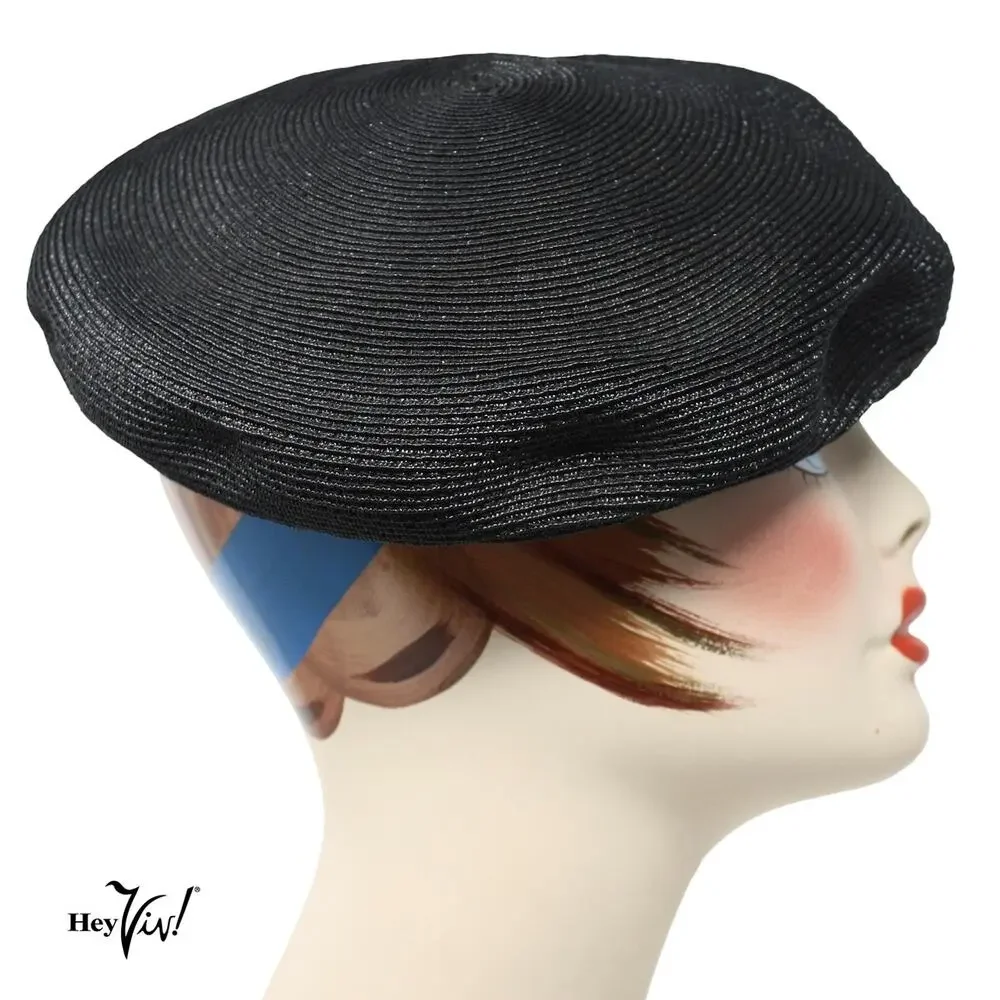 Vintage Black Textured Tilt Hat Bow Accent Cocktail Church Fascinator - Hey Viv - Picture 2 of 8